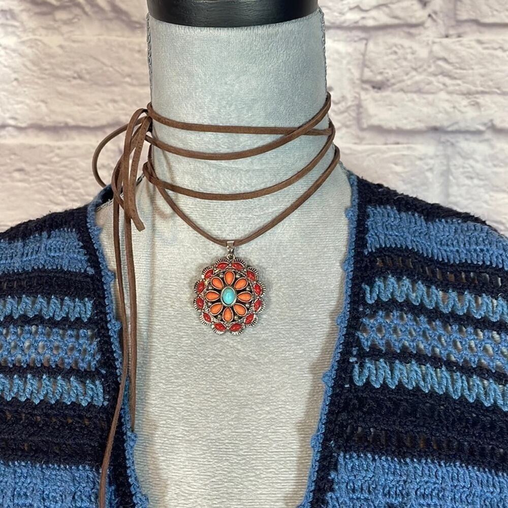 Handmade Western/Cowgirl Style Faux Turquoise and Coral Leather Choker - Picture 2 of 5